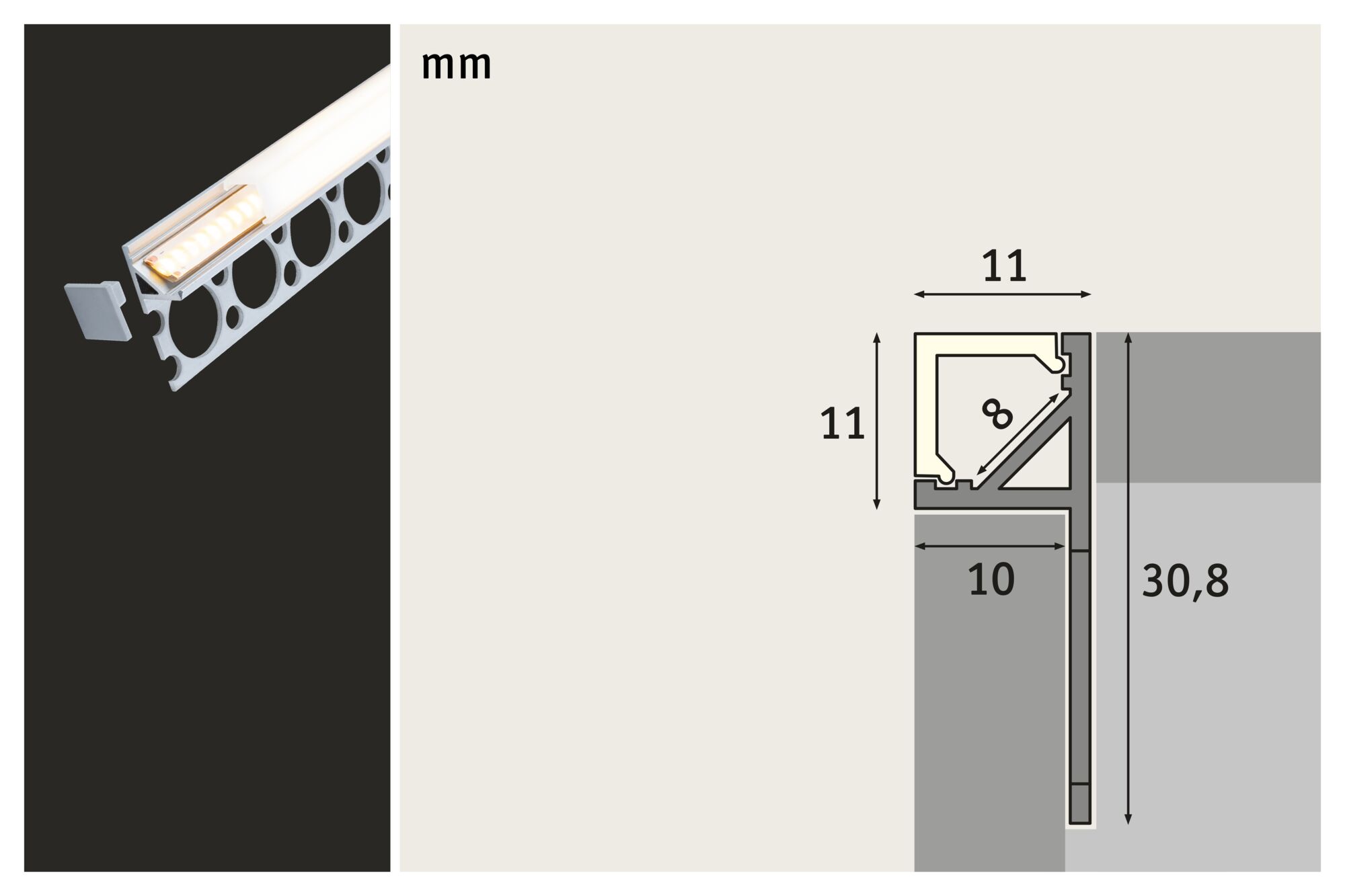 Technical drawing of white LED aluminum profile with dimensions for installation and lighting