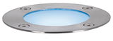 Round stainless steel LED recessed floor light with blue illumination for outdoor and garden lighting