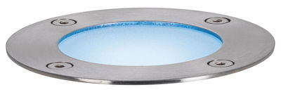 Round stainless steel LED recessed floor light with blue illumination for outdoor and garden lighting