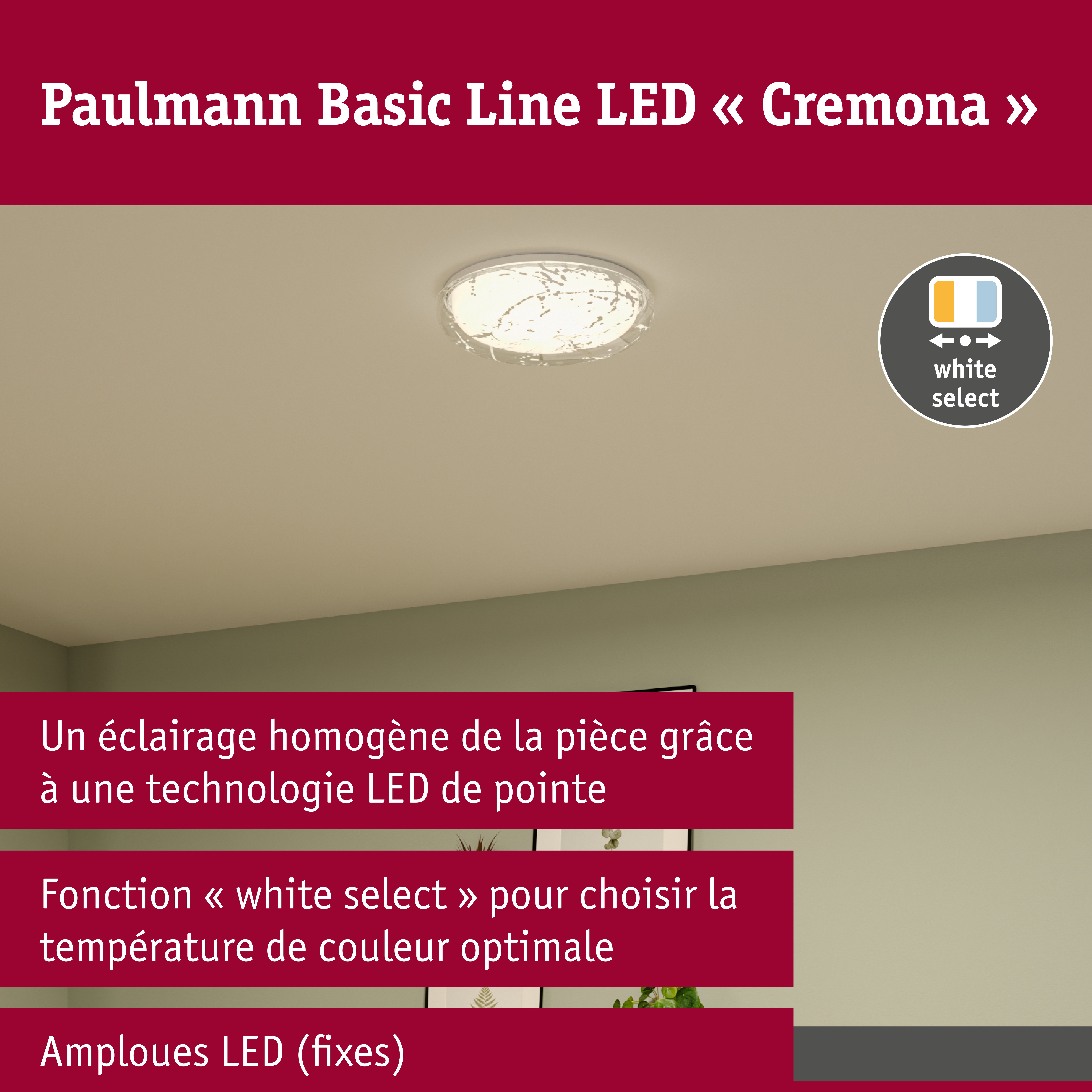 Plafonnier LED Cremona White Select 370mm 230V 21,2W Blanc/Transparent