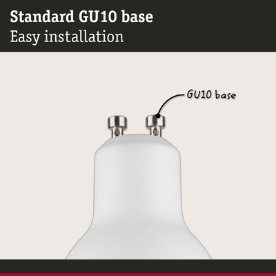 Close-up of white lamp with standard metal GU10 base for easy installation and lighting