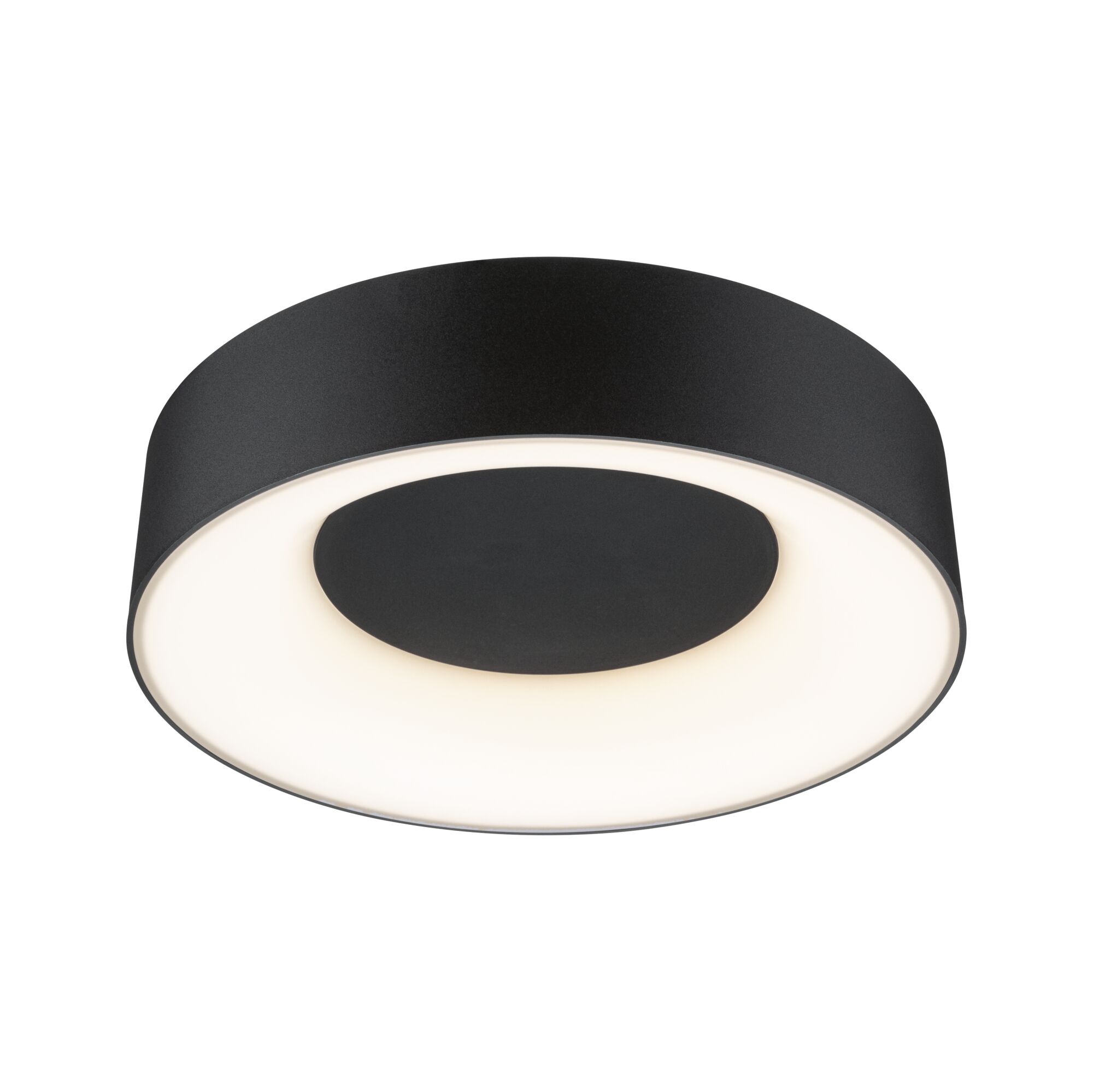 Round LED ceiling light in matte black metal with warm white light for modern living spaces