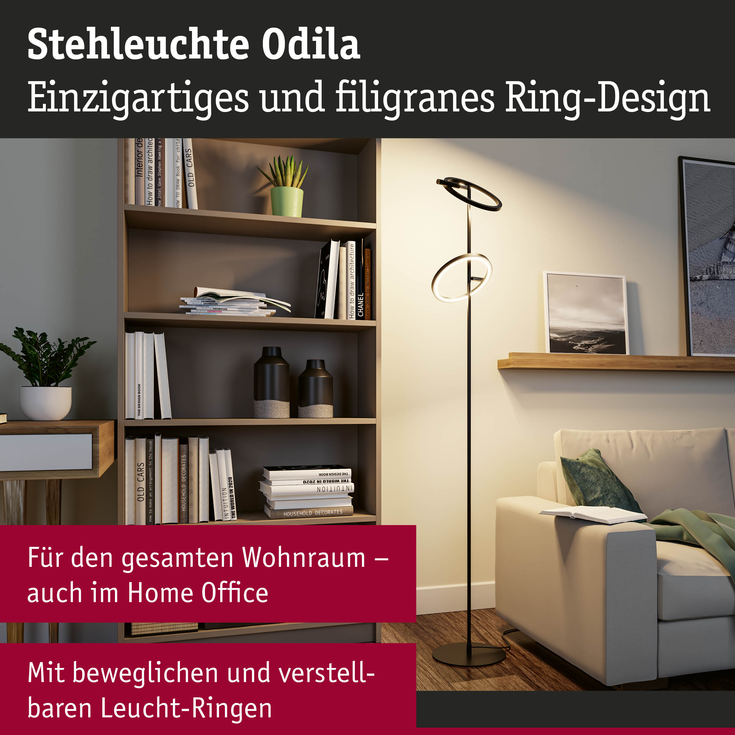 Stehleuchte Odila mit filigranem Ring-Design in Schwarz für modernes Wohnzimmer und Home Office