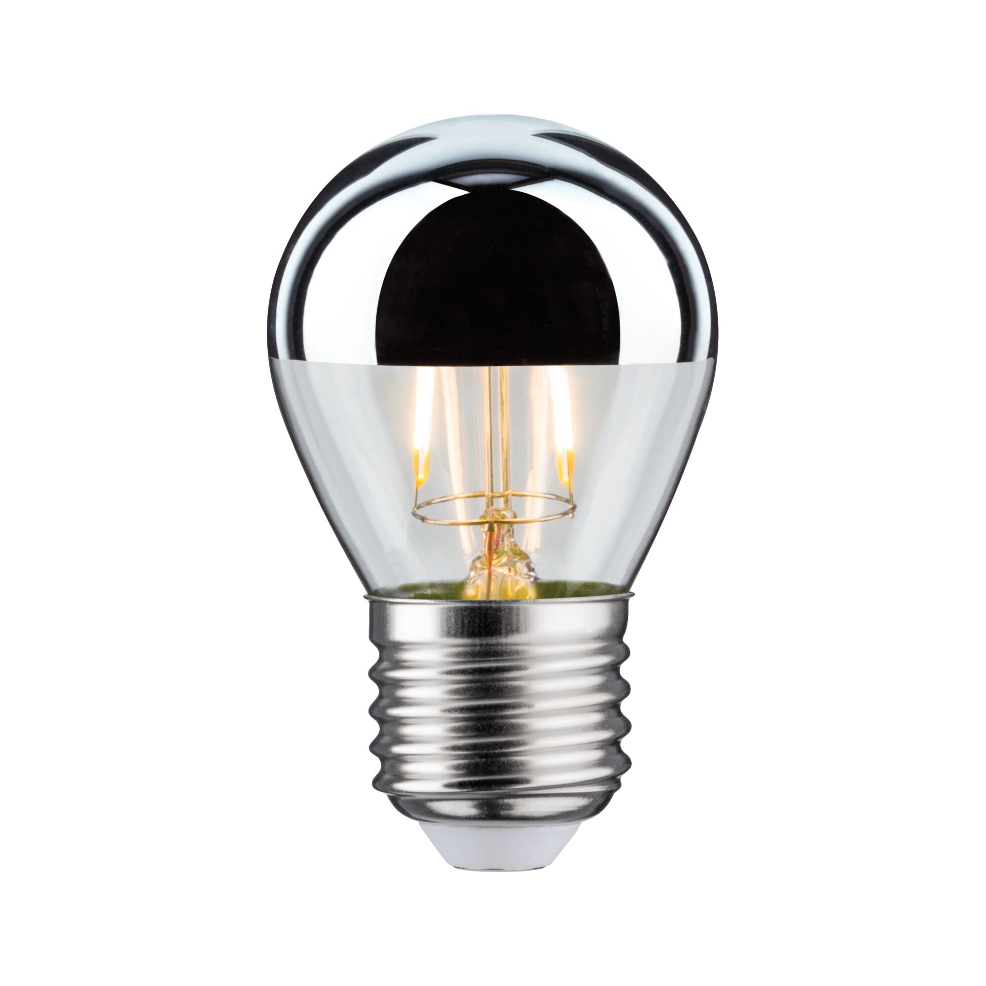 LED-Glühbirne mit silberner Spiegelkappe und transparentem Glas für energiesparende Beleuchtung