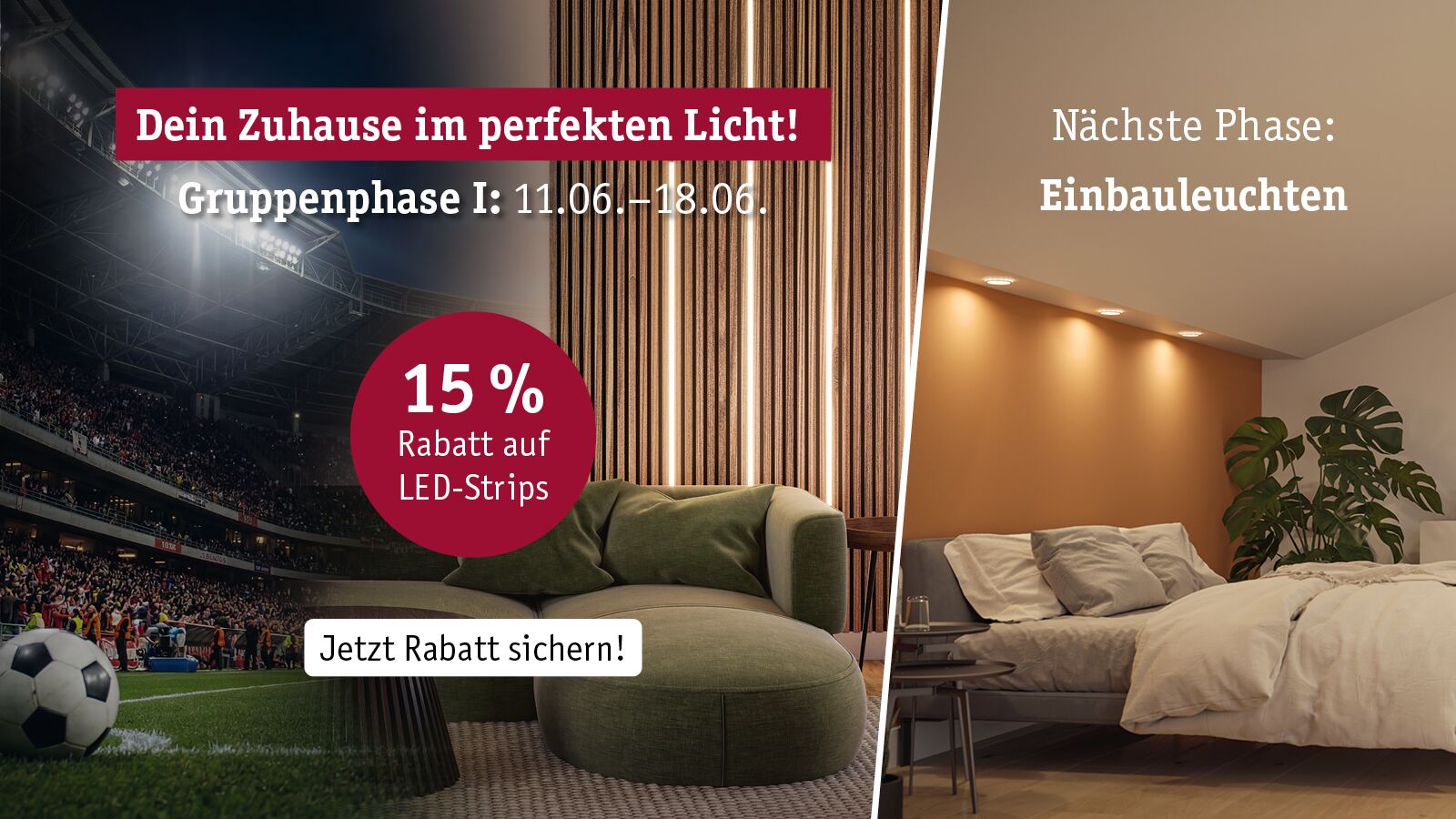 Wohnzimmer mit grüner Couch und LED-Strips an Holzpaneelen, 15% Rabatt auf LED-Strips Aktion