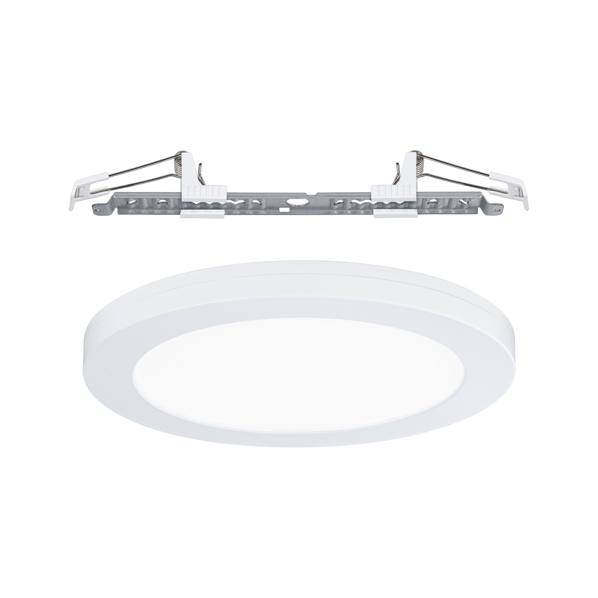Rond wit LED-inbouwpaneel met metalen beugel en veerklemmen voor plafondmontage
