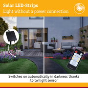 Solar LED strips with remote control in garden, automatic twilight sensor for outdoor lighting without power connection