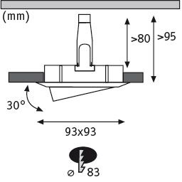 Technical drawing of recessed light base with 93x93 mm size and 30-degree tilt angle