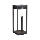 Modern black aluminum outdoor post light with motion sensor and white lampshade