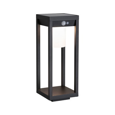 Modern black aluminum outdoor post light with motion sensor and white lampshade