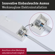 Weiße innovative Einbauleuchte mit werkzeugloser Elektroinstallation für schnelle Montage