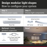 Modular LED light system with power box, 90° corner, curve, and pendant suspension for flexible room lighting