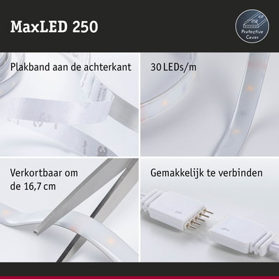MaxLED 250 LED-strip met plakband aan achterkant, 30 LEDs per meter, knipbaar en eenvoudig te verbinden