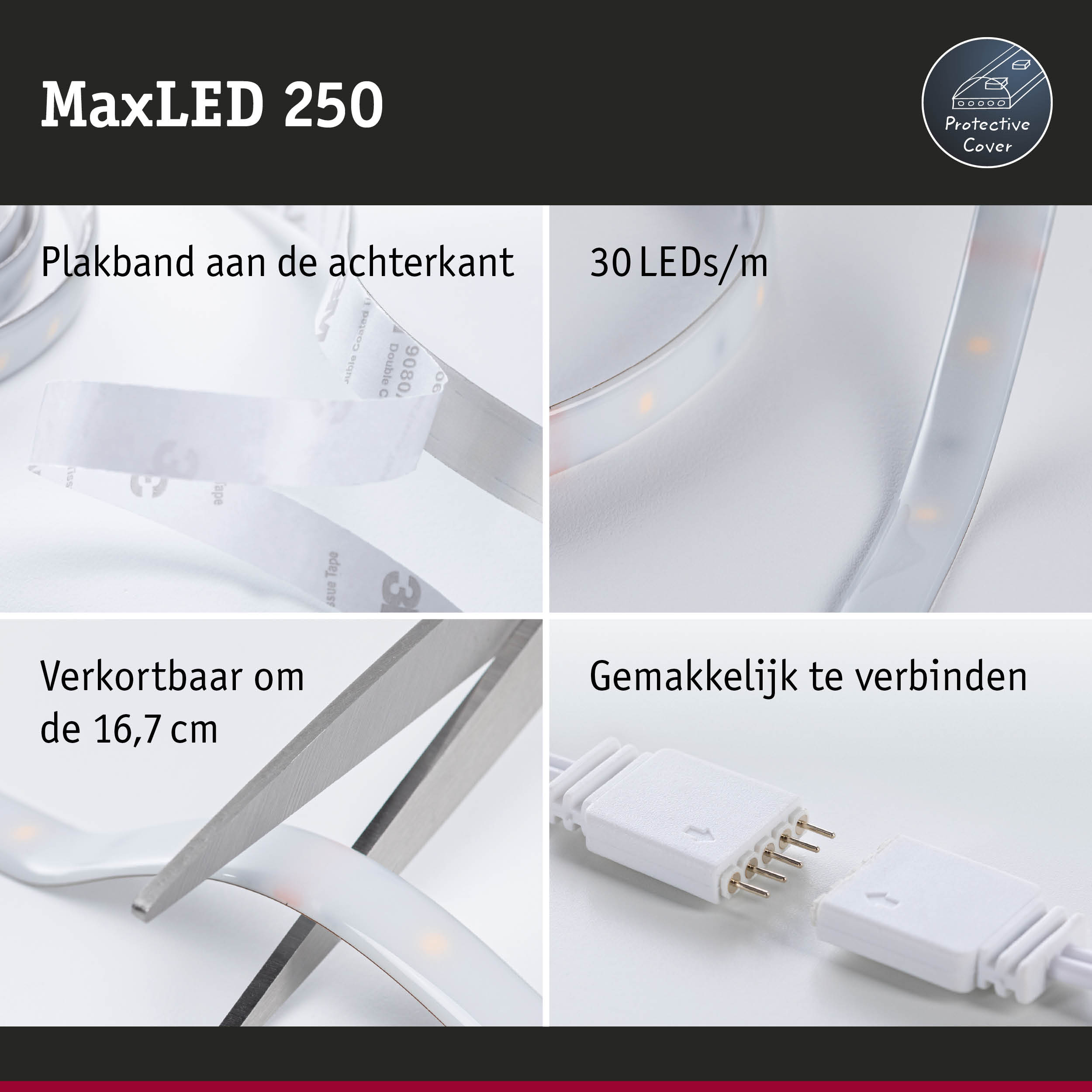 MaxLED 250 LED-strip met zelfklevende achterkant, 30 LEDs per meter, knipbaar en eenvoudig te verbinden