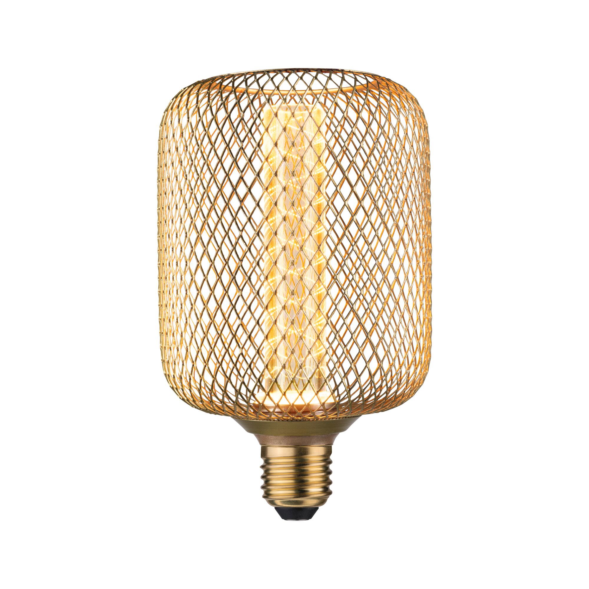 Gold LED bulb with decorative wire mesh and E27 base for ambient lighting in modern interiors