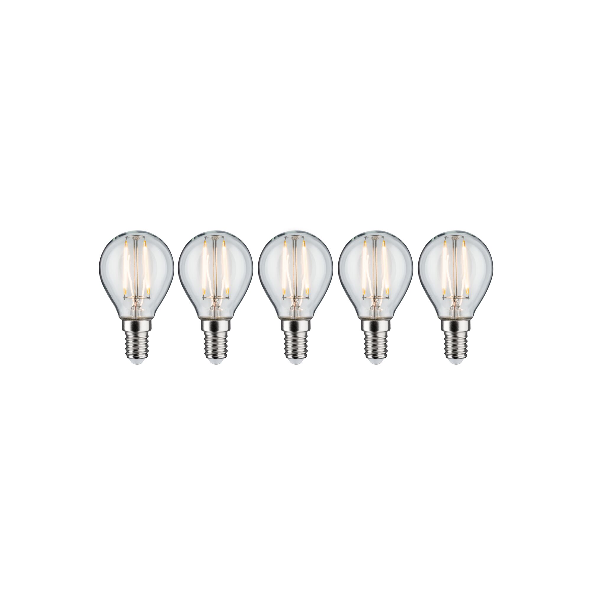 Five clear LED bulbs with E14 base and warm white light for energy-efficient lighting solutions