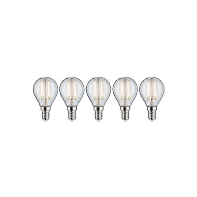 Five clear LED bulbs with E14 base and warm white light for energy-efficient lighting solutions
