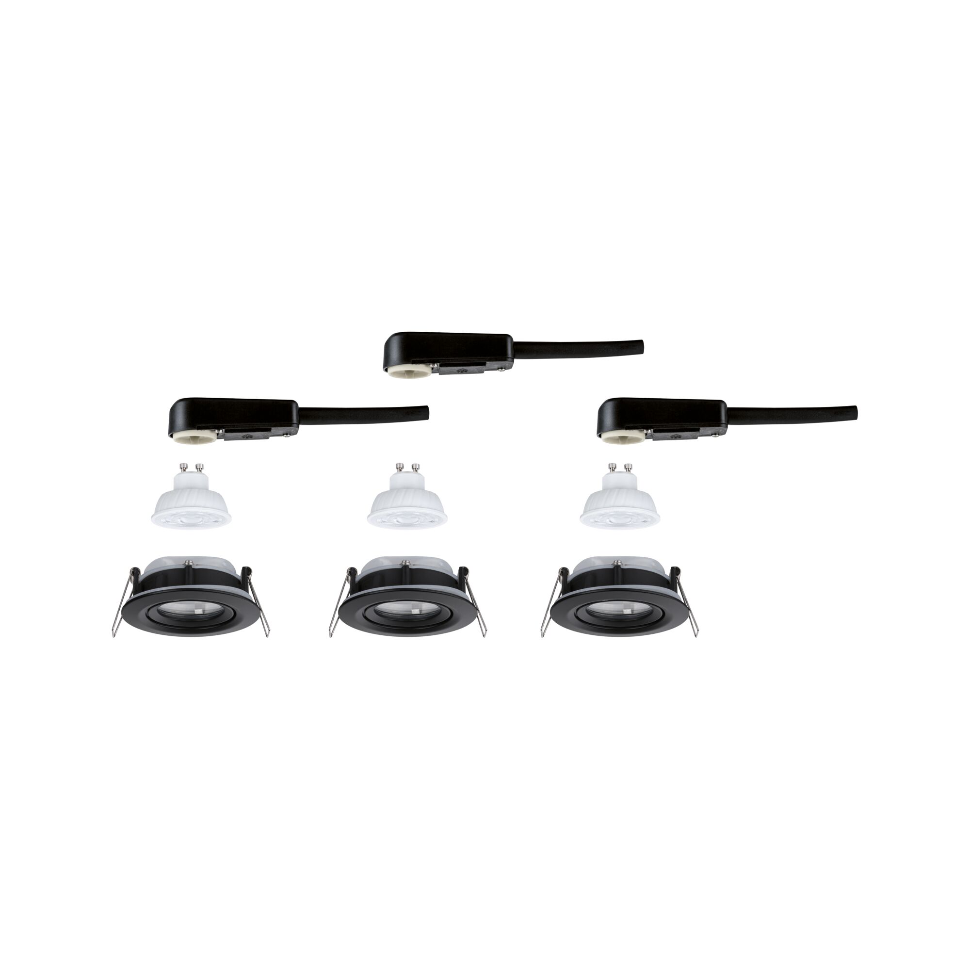 Drei schwarze Einbaustrahler mit GU10 LED-Lampen und Kabelanschlüssen für moderne Innenbeleuchtung