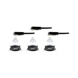 Drei schwarze Einbaustrahler mit GU10 LED-Lampen und Kabelanschlüssen für moderne Innenbeleuchtung