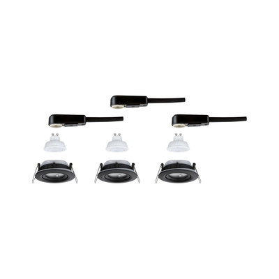 Drei schwarze Einbaustrahler mit GU10 LED-Lampen und Kabelanschlüssen für moderne Innenbeleuchtung