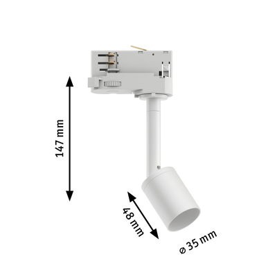 Weißer LED-Strahler aus Kunststoff mit 147 mm Höhe und 35 mm Durchmesser, ideal für Schienensysteme.