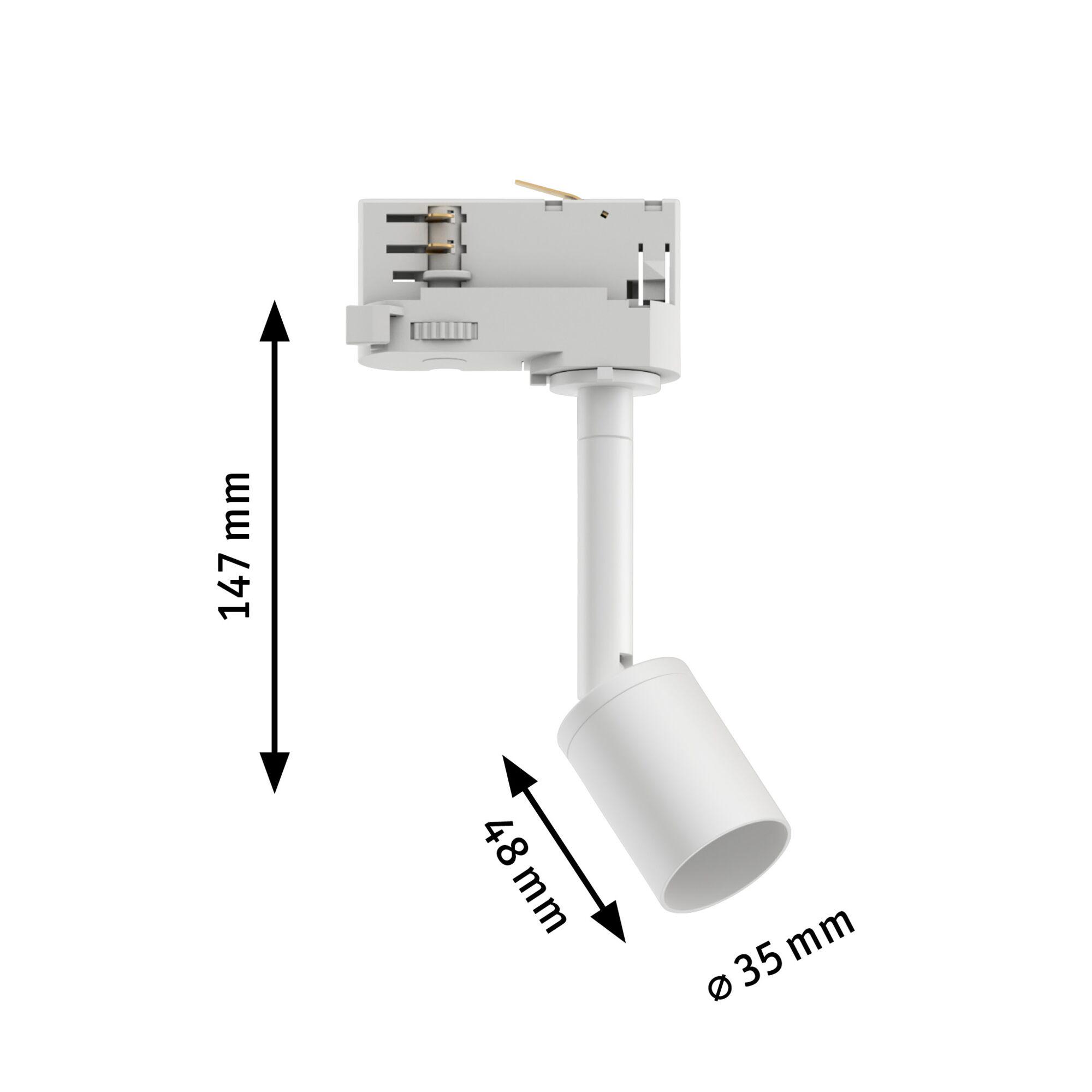Weißer LED-Strahler aus Kunststoff mit 147 mm Höhe und 35 mm Durchmesser, ideal für Schienensysteme.