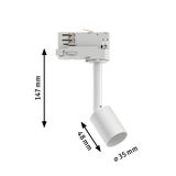 Weißer LED-Strahler aus Kunststoff mit 147 mm Höhe und 35 mm Durchmesser, ideal für Schienensysteme.
