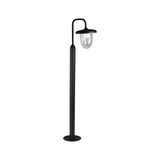 Black outdoor metal lamp with clear glass and visible LED bulb for garden and terrace lighting.