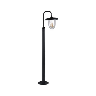 Black outdoor metal lamp with clear glass and visible LED bulb for garden and terrace lighting.