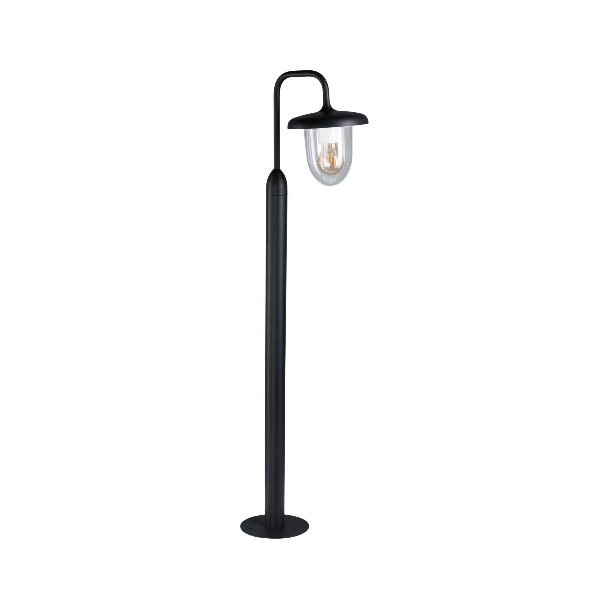 Black outdoor metal lamp with clear glass and visible LED bulb for garden and terrace lighting.