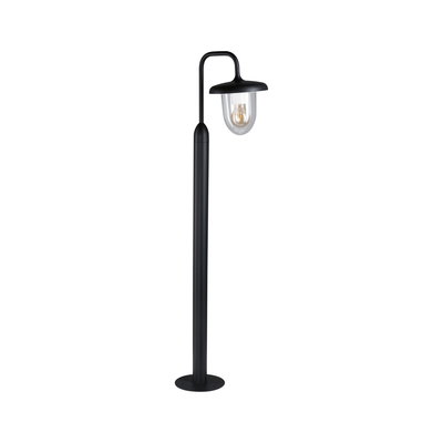 Black outdoor metal lamp with clear glass and visible LED bulb for garden and terrace lighting.