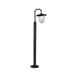 Black outdoor metal lamp with clear glass and visible LED bulb for garden and terrace lighting.
