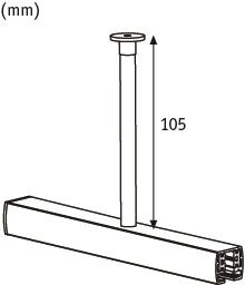 Technische tekening van een rechthoekige plafondlamp met 105 mm stanglengte in zwart.