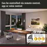 Modern dining area with smart dimmable glass LED pendant lights controllable via app and voice assistant