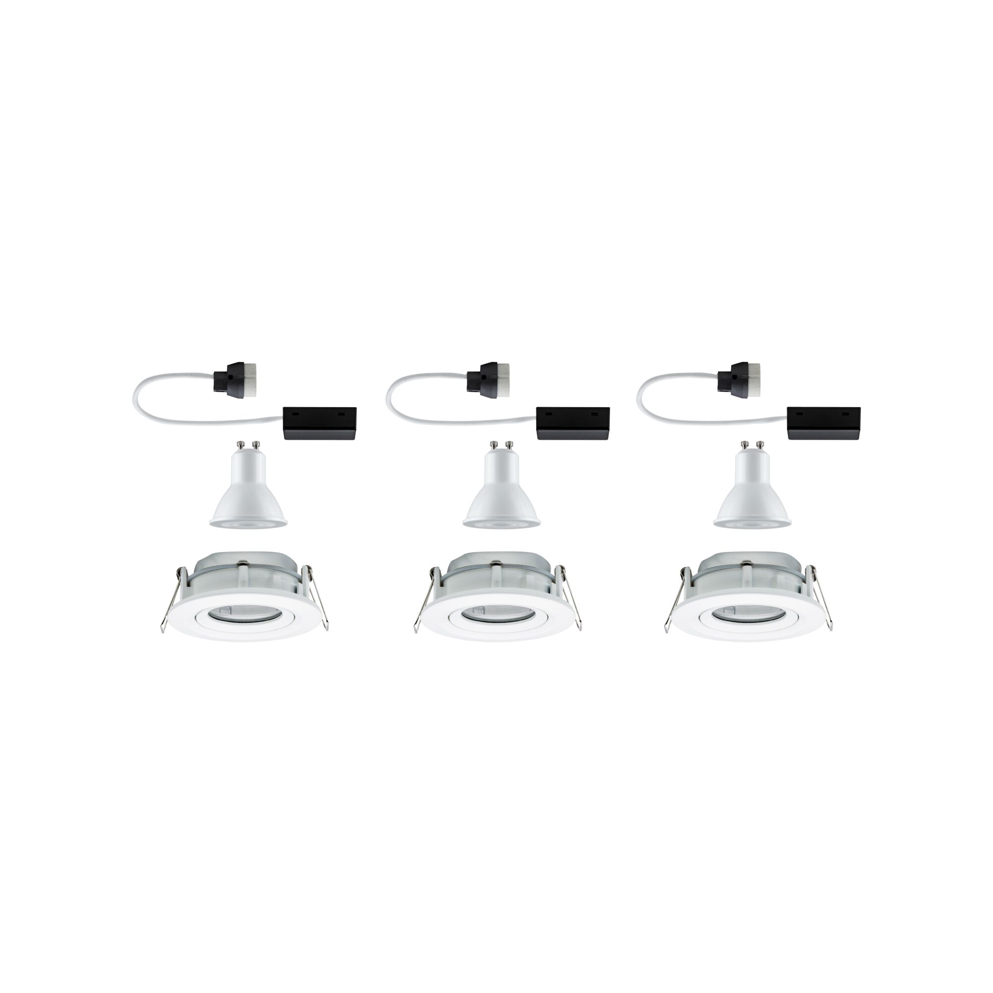 Three white LED recessed spotlights with GU10 socket and connection cable for modern ceiling lighting