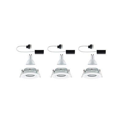 Three white LED recessed spotlights with GU10 socket and connection cable for modern ceiling lighting