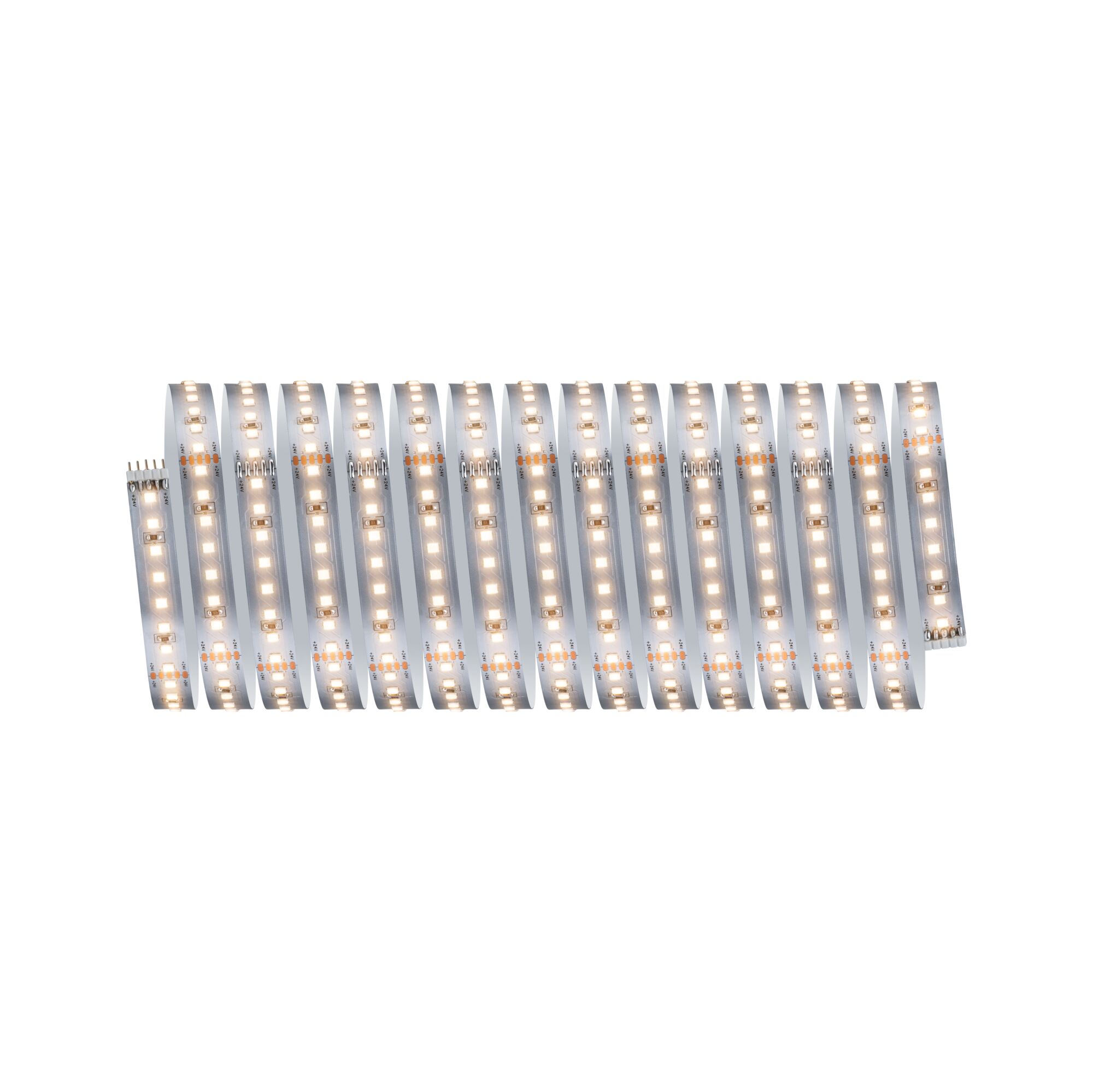 Flexible LED strip with warm white LEDs on white base for versatile lighting applications