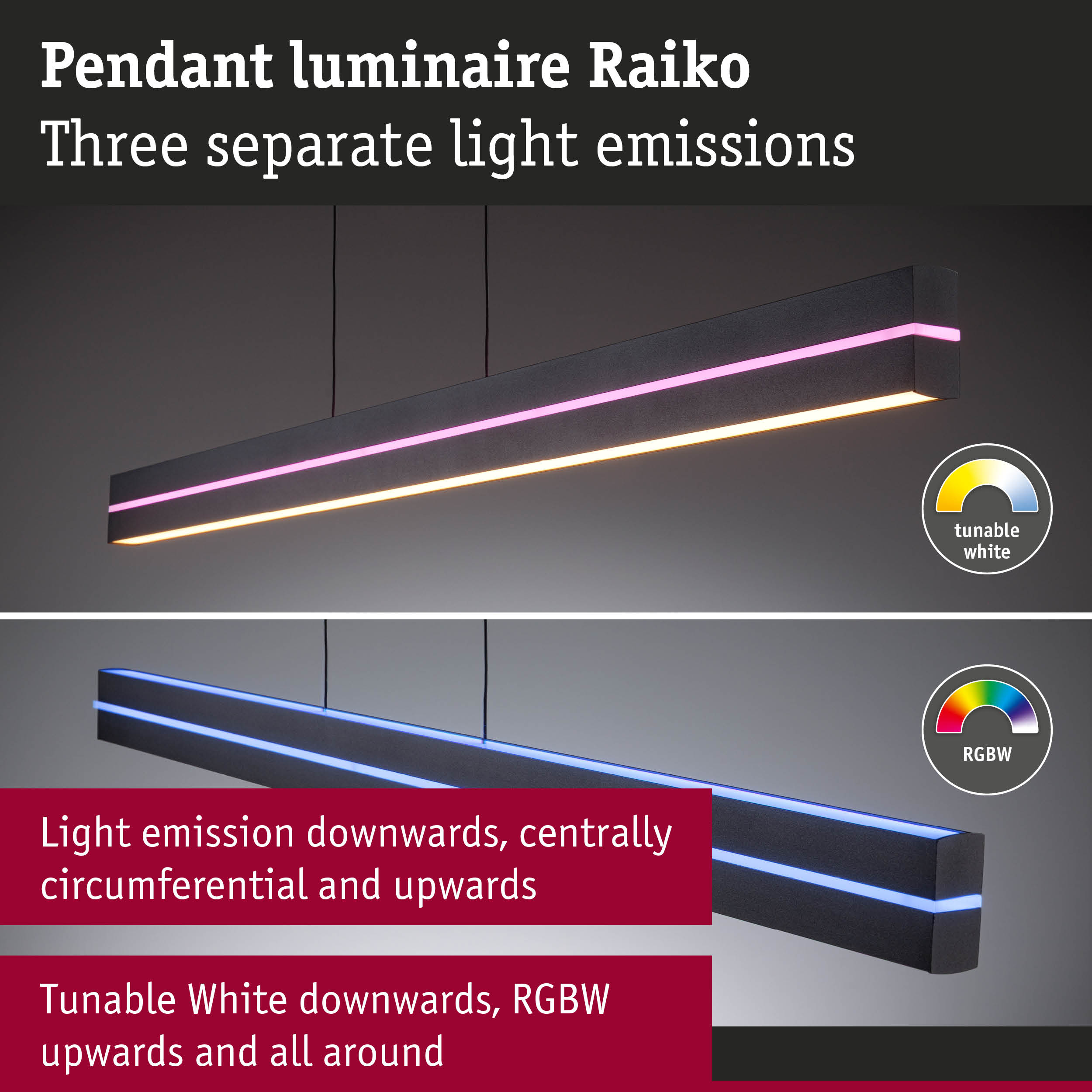 Black Raiko pendant luminaire with three light emissions, RGBW and tunable white for versatile modern lighting