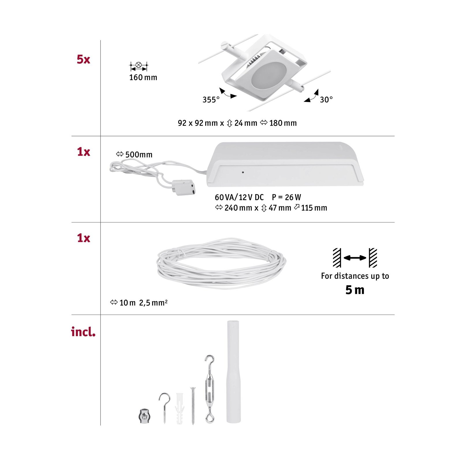CorDuo LED Seilsystem MacLED Basisset 5x250lm 5x4,5W 3000K 230/12V Weiß/Chrom