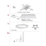 Technische Zeichnung mit 5 weißen LED-Einbaustrahlern, Netzteil, Kabel und Montagezubehör für LED-Beleuchtung.