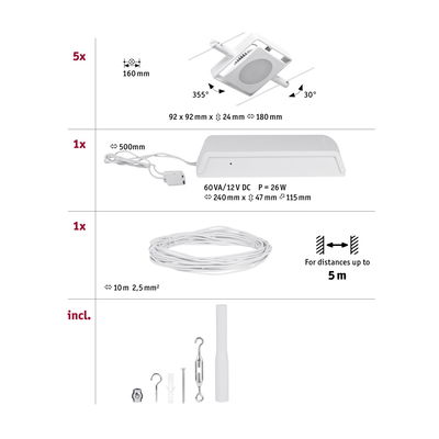 Technische Zeichnung mit 5 weißen LED-Einbaustrahlern, Netzteil, Kabel und Montagezubehör für LED-Beleuchtung.