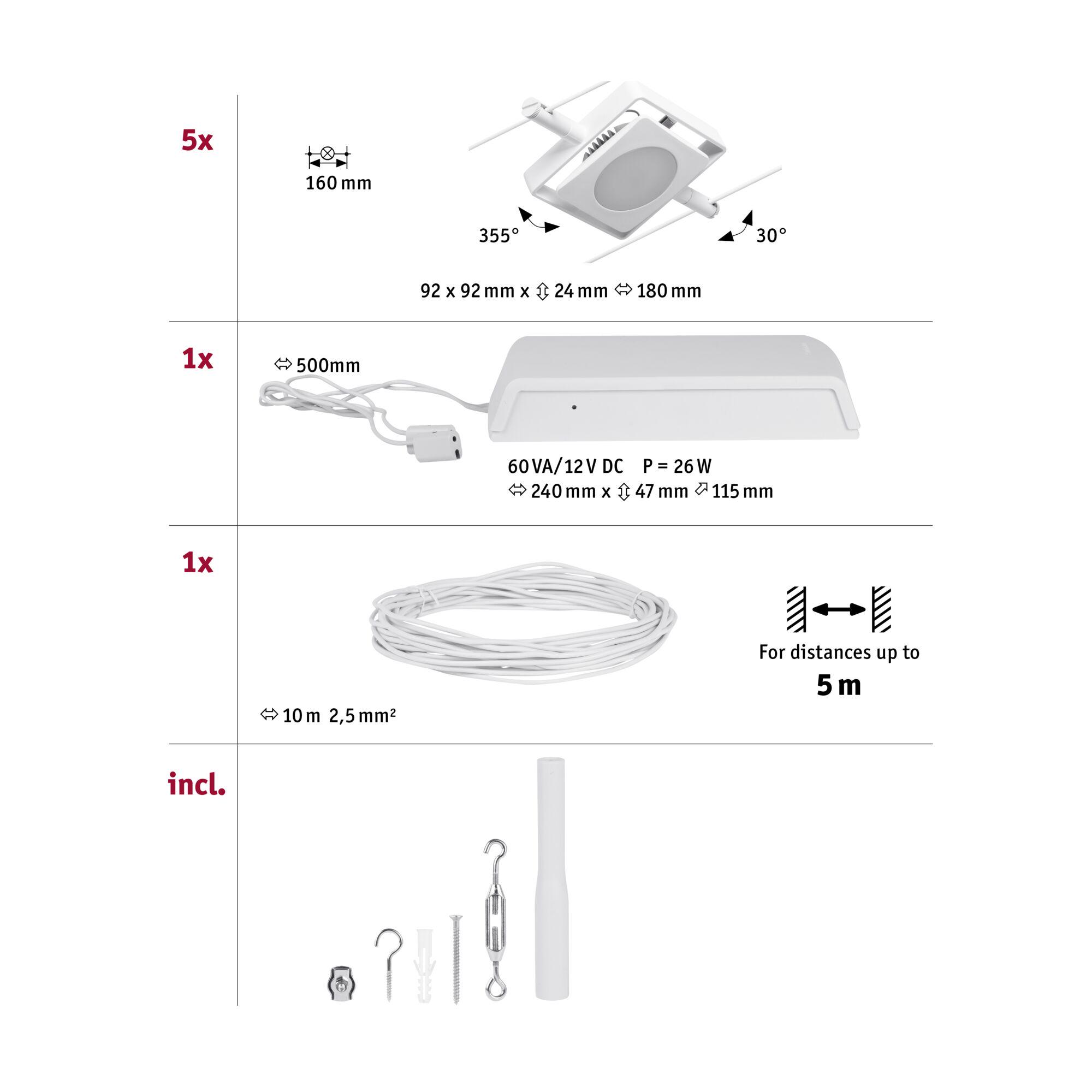 Weißer LED-Einbaustrahler mit 92x92 mm, 355° drehbar, 30° neigbar, inklusive Netzteil und 10 m Kabel