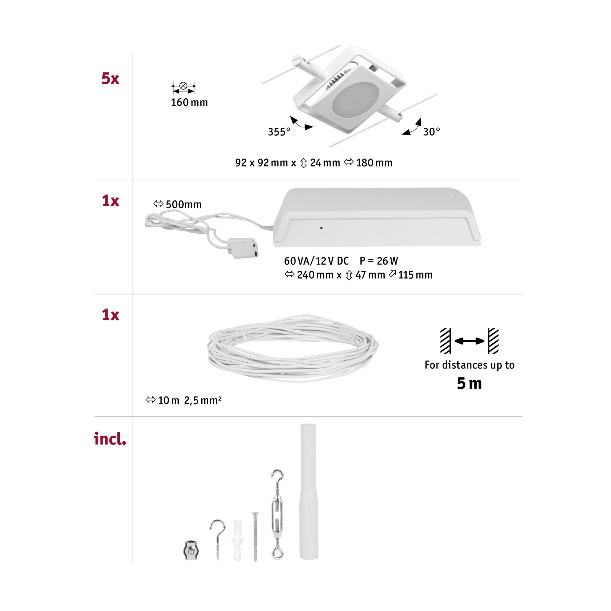 Weißer LED-Einbaustrahler mit 92x92 mm, 355° drehbar, 30° neigbar, inklusive Netzteil und 10 m Kabel