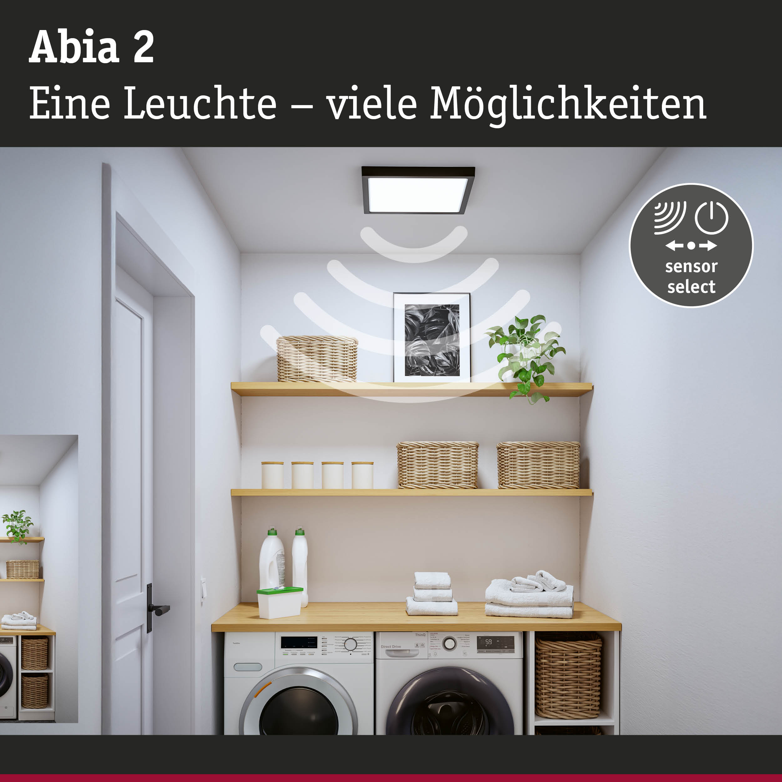 Abia 2 LED-Deckenleuchte in Schwarz mit Sensorfunktion für moderne Waschraumbeleuchtung