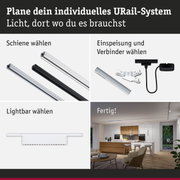 Modulares URail-Schienensystem in Schwarz und Weiß mit Lichtleisten und Steckverbindern für flexible Raumbeleuchtung