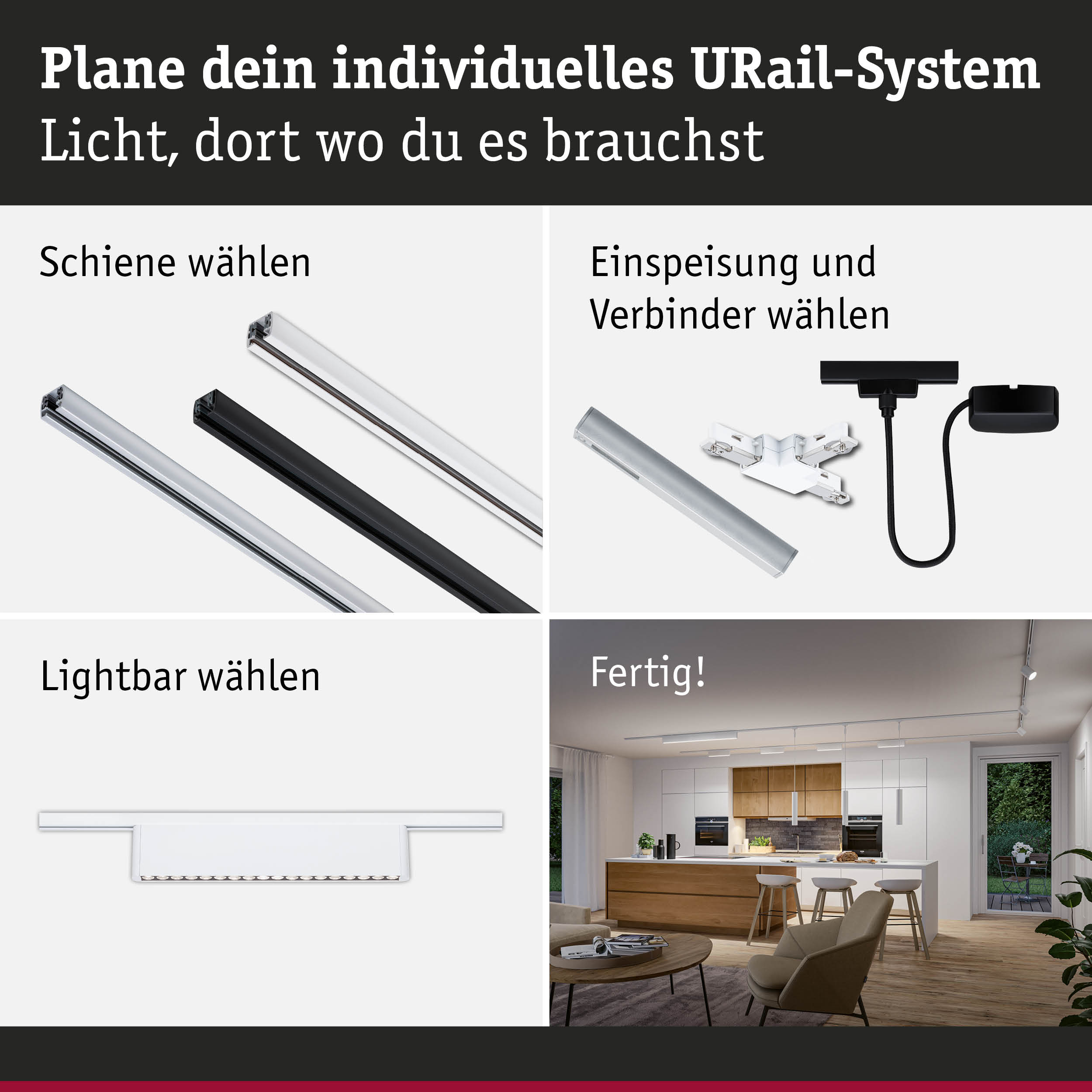 Modulares URail-Schienensystem in Schwarz und Weiß mit Lichtleisten und Steckverbindern für flexible Raumbeleuchtung