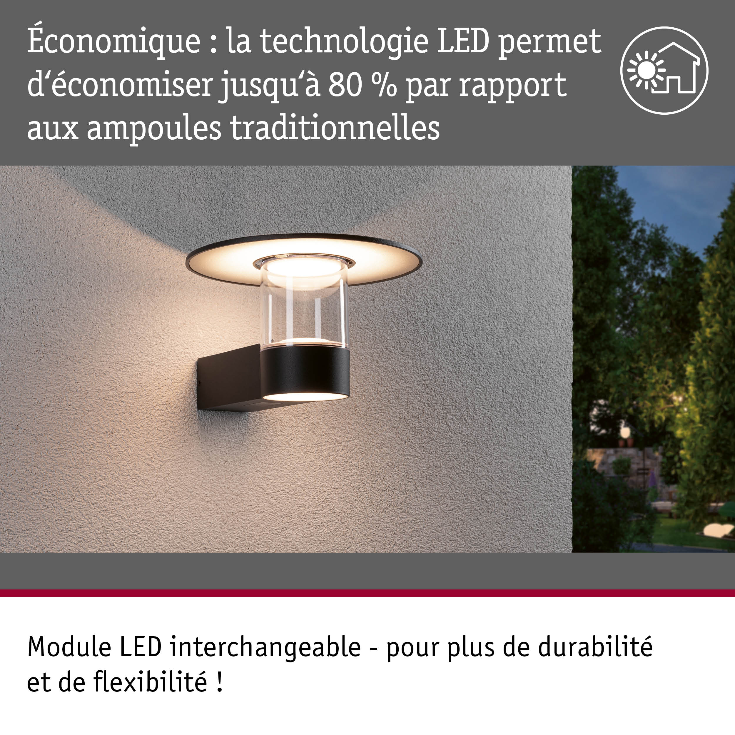 Applique murale extérieure LED noire avec cylindre en verre et technologie LED économique sur mur gris