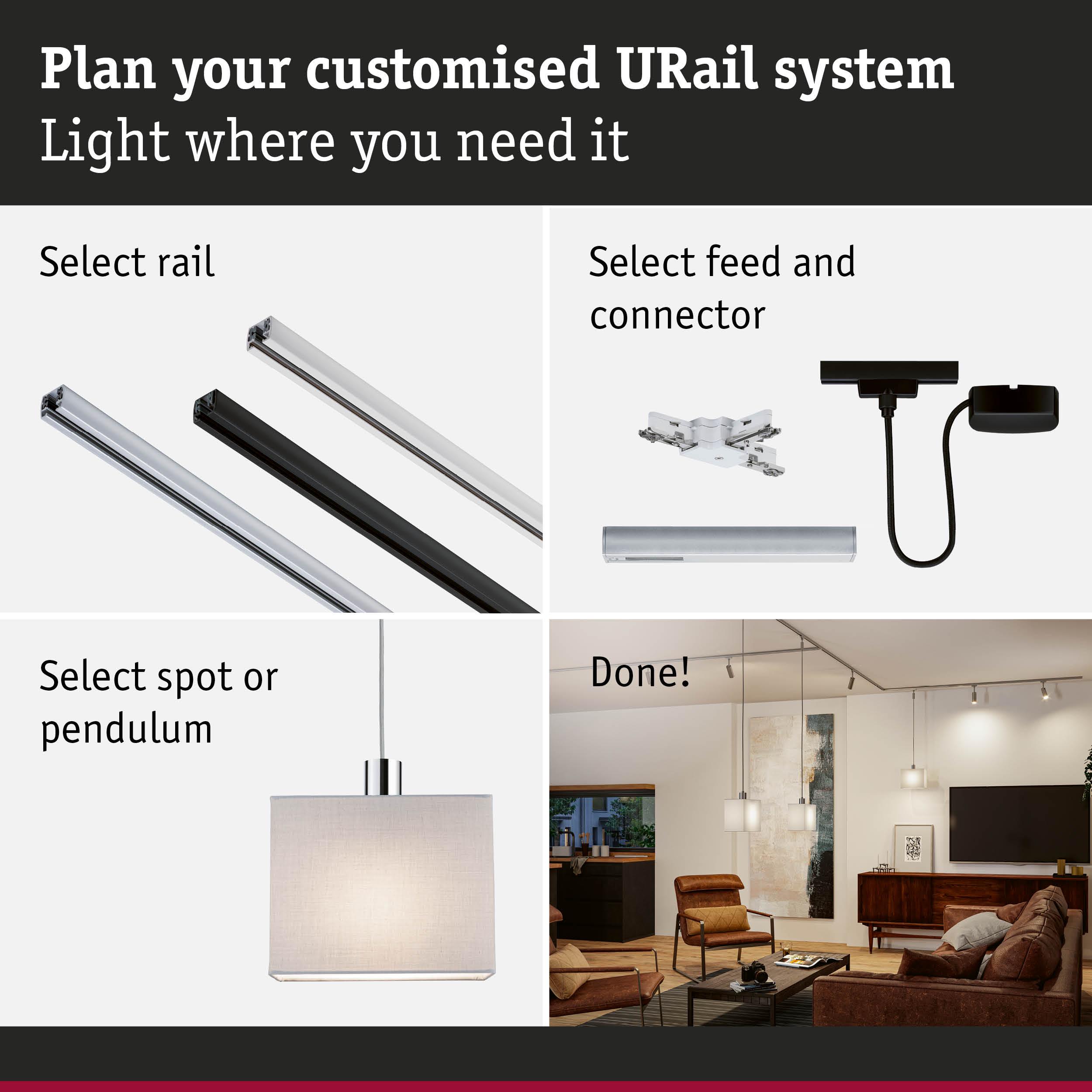 Guide to customising URail lighting system with rails, connectors, pendant lamp in stylish living room