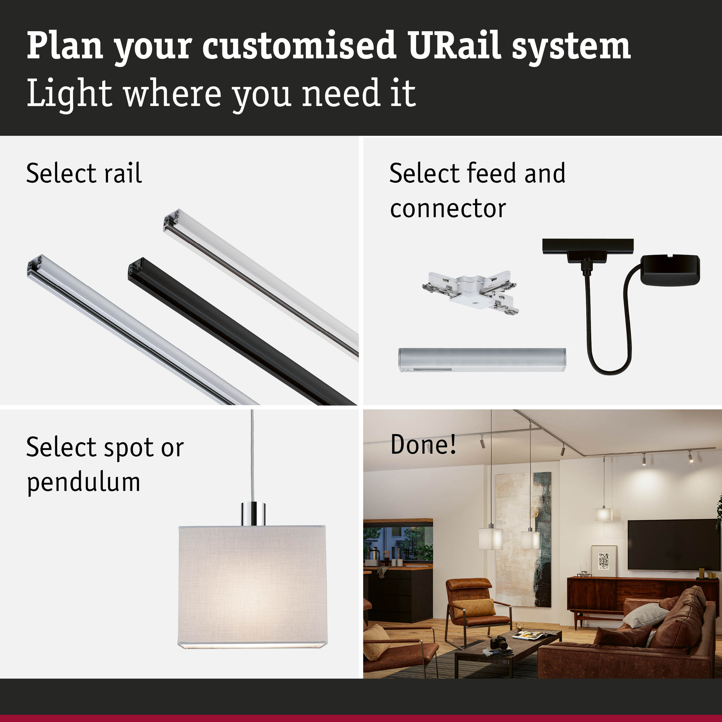 Modular URail track system with black and white aluminium rails for customizable lighting setups