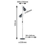 Lampadaire LED avec deux abat-jours métalliques noirs réglables, dimensions indiquées